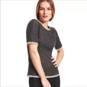 CAbi Coco Shell Tweed Knit Short Sleeve Top Black Gray Back Zip Blouse Medium